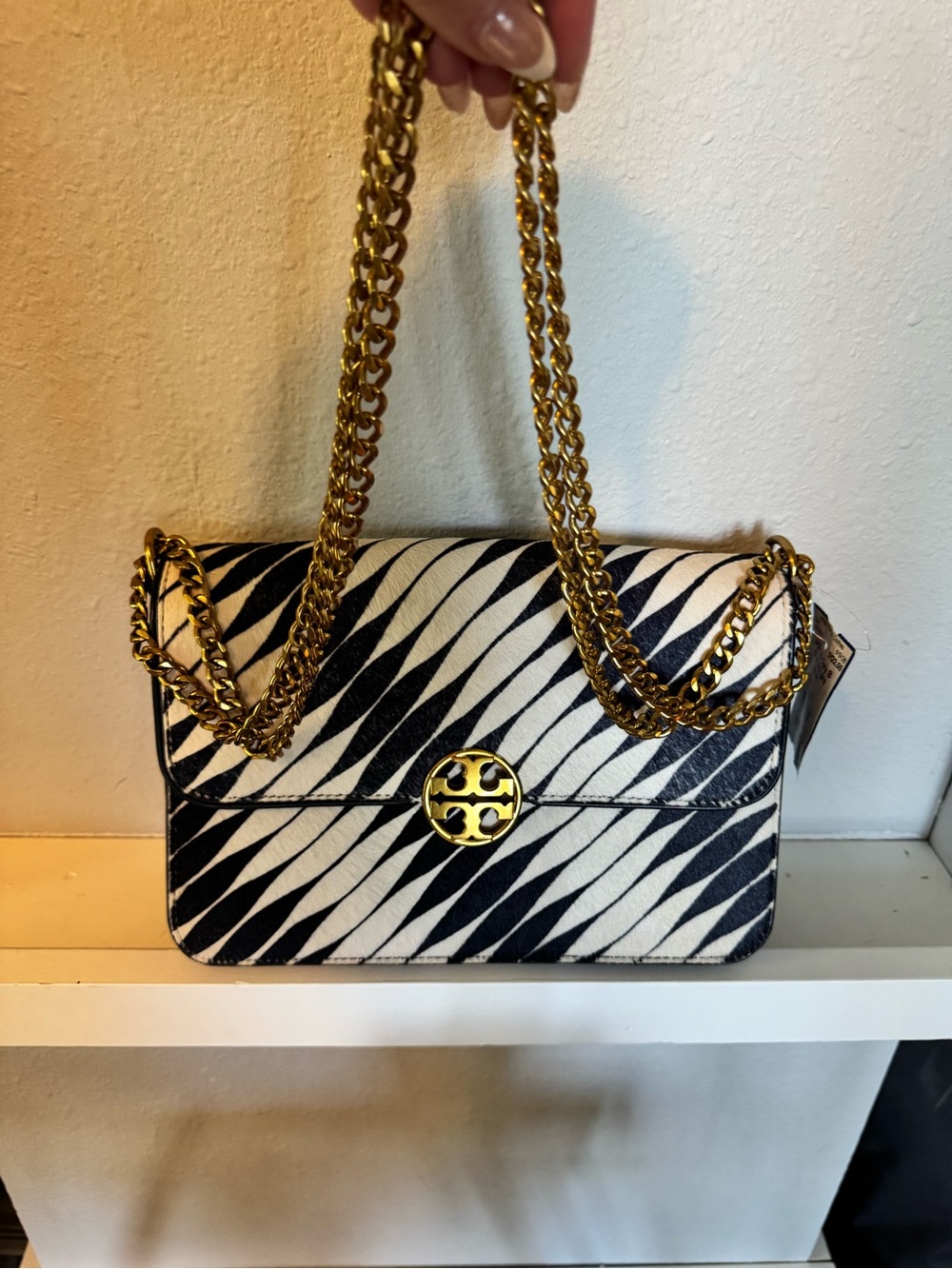 Tory Burch Navy and White Zebra-Print Chain Shoulder Bag
